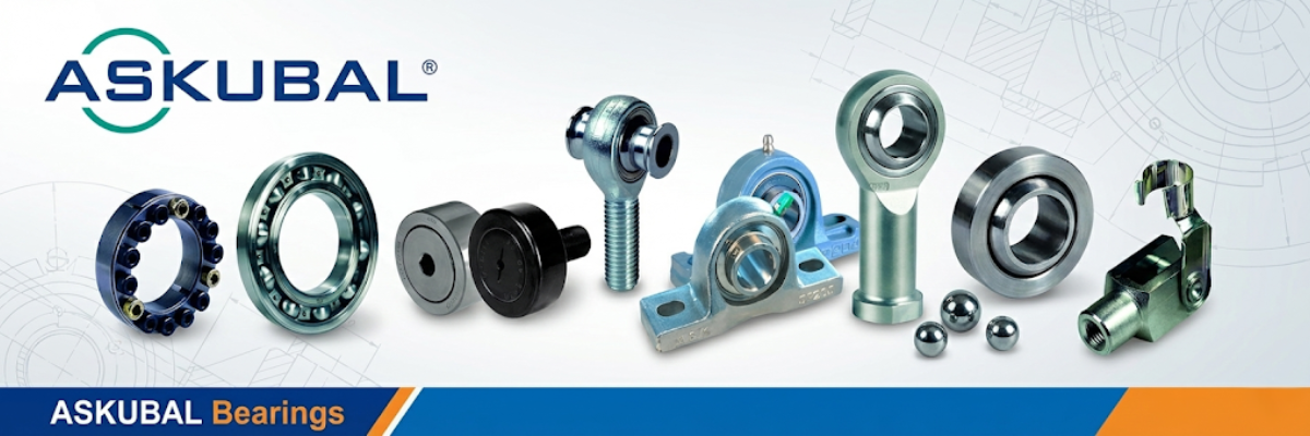 ASKUBAL Bearings banner showing various products like rod ends, spherical plain bearings, and ball bearings.