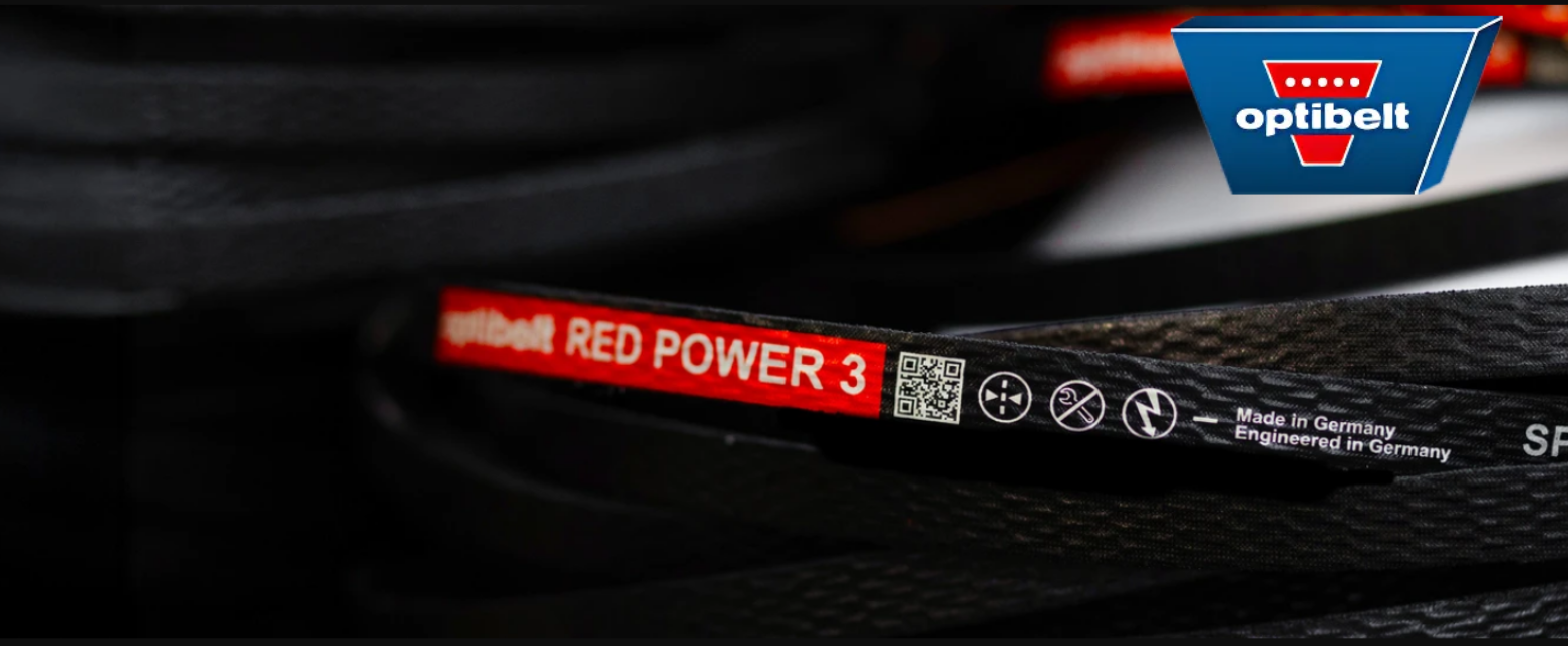 A close-up of an Optibelt RED POWER 3 high-performance industrial V-belt, highlighting its "Made in Germany" quality and QR code.