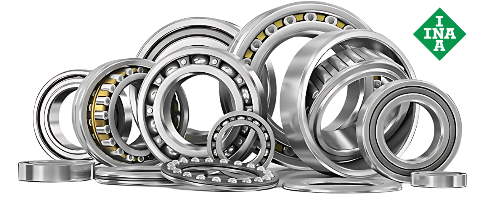 An assortment of high-precision INA bearings, including ball, roller, and needle bearing types for industrial and automotive applications.