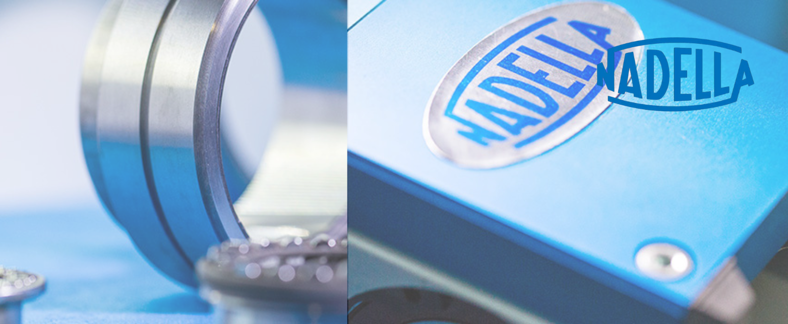 A hero image for Nadella, showcasing a precision-engineered linear motion component alongside branded industrial manufacturing equipment.