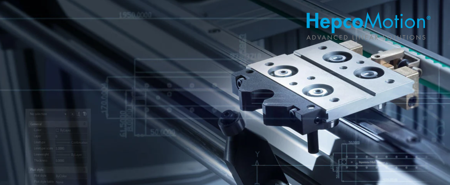 A HepcoMotion V-guide linear motion system with a precision carriage on a rail. Advanced linear solutions for automation and industrial manufacturing.